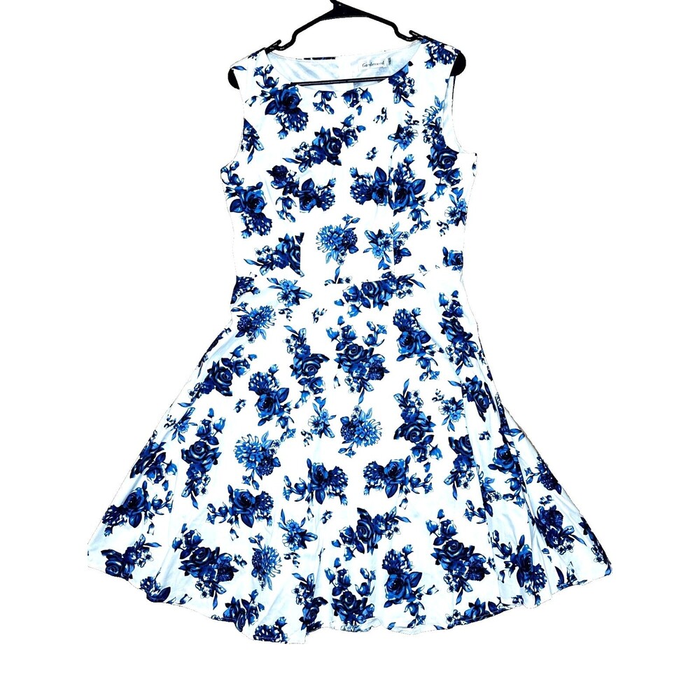 Gardenwed White With Blue Floral Print Dress Size L